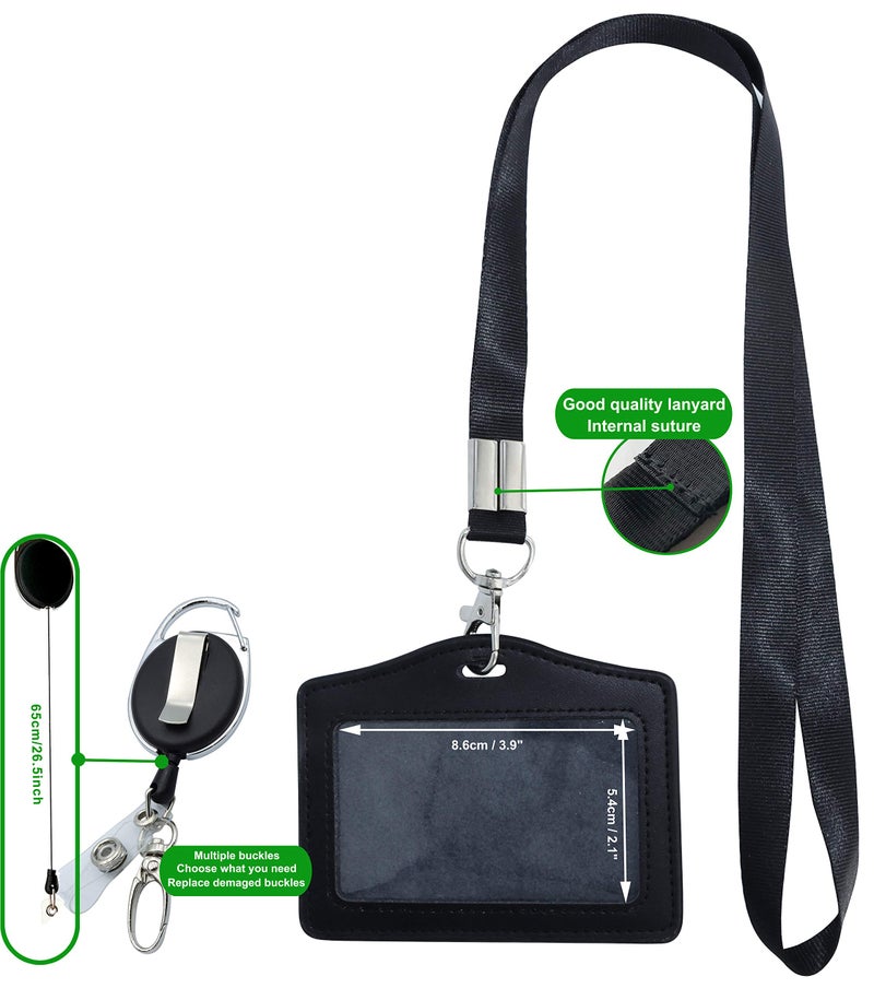 HoAoOo ID Card Case + Lanyard + Badge Holder Retractable Reel Carabiner and Plastic Clip (Genuine Leather Horizontal Black) - Image 5